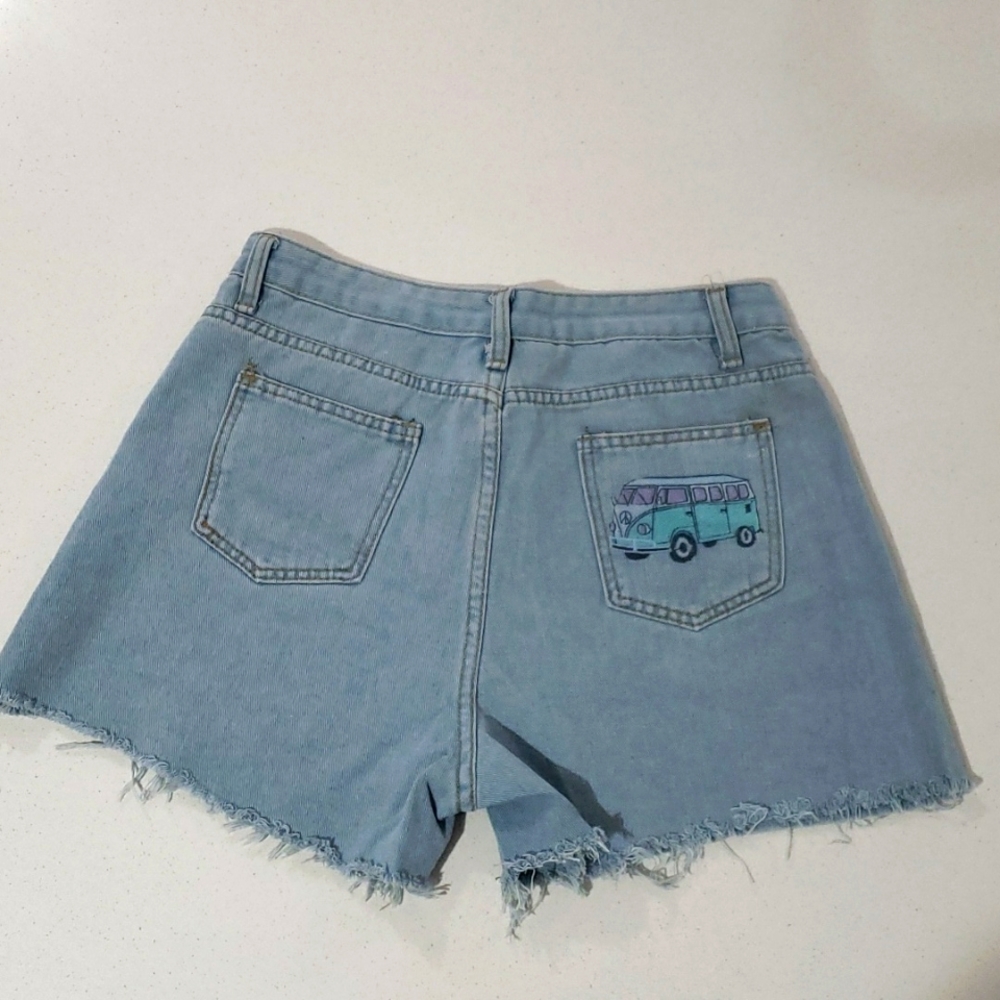 Denim cutoff Junior shorts with cute VW bus pic on right back pocket size L